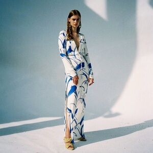 Galvan London Blue & White Silk Maxi Dress with Slit Size 4 NWOT